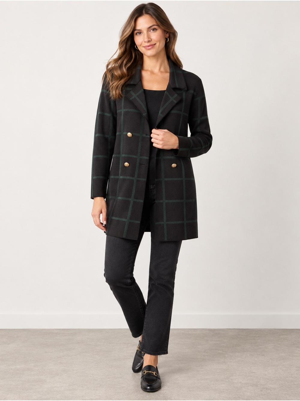 Anne Klein Plaid Open Front Cardigan Sweater Medium Gold Buttons Longline